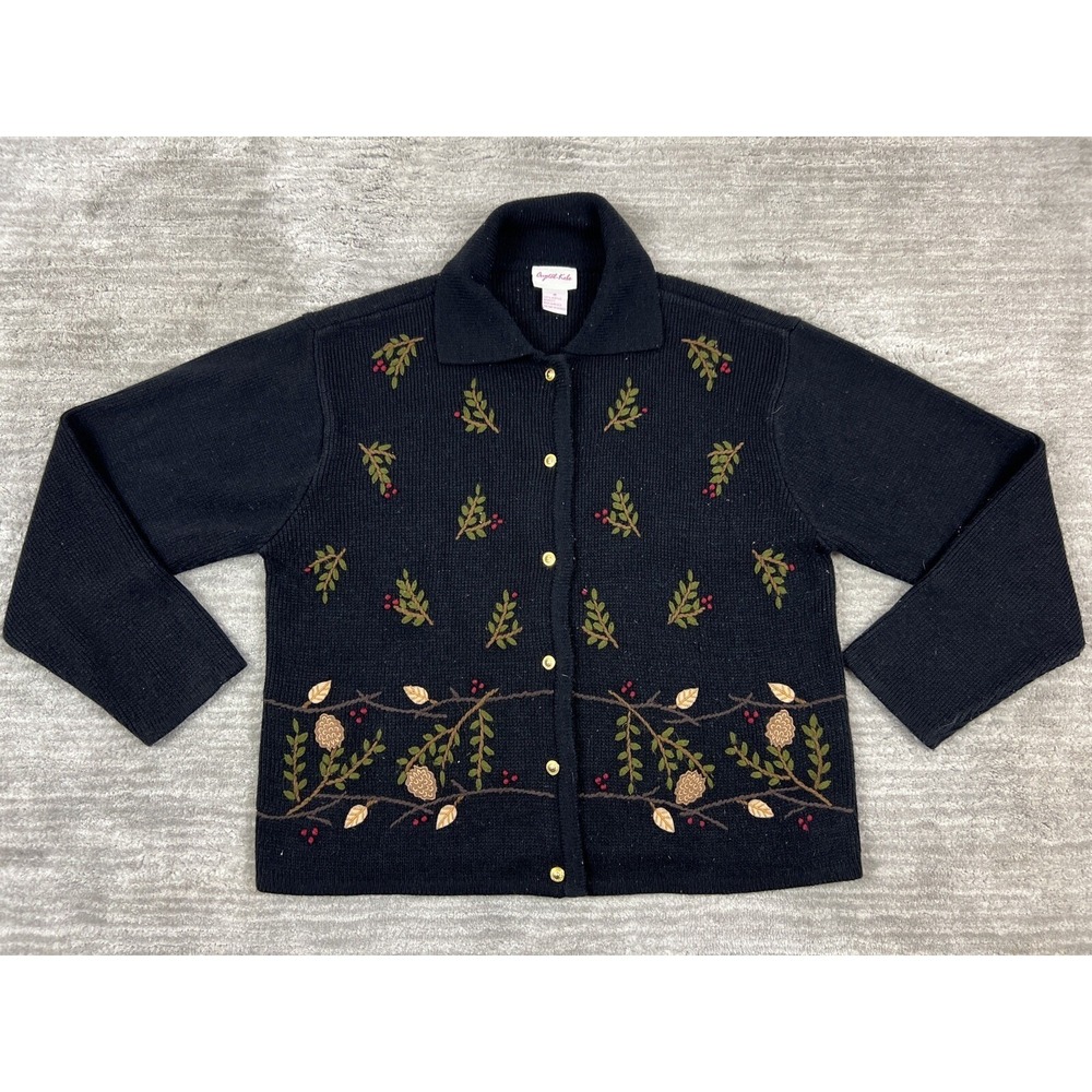 Crystal Kobe Cardigan Womens M Black Embroidered Holly Pinecone Button Knit